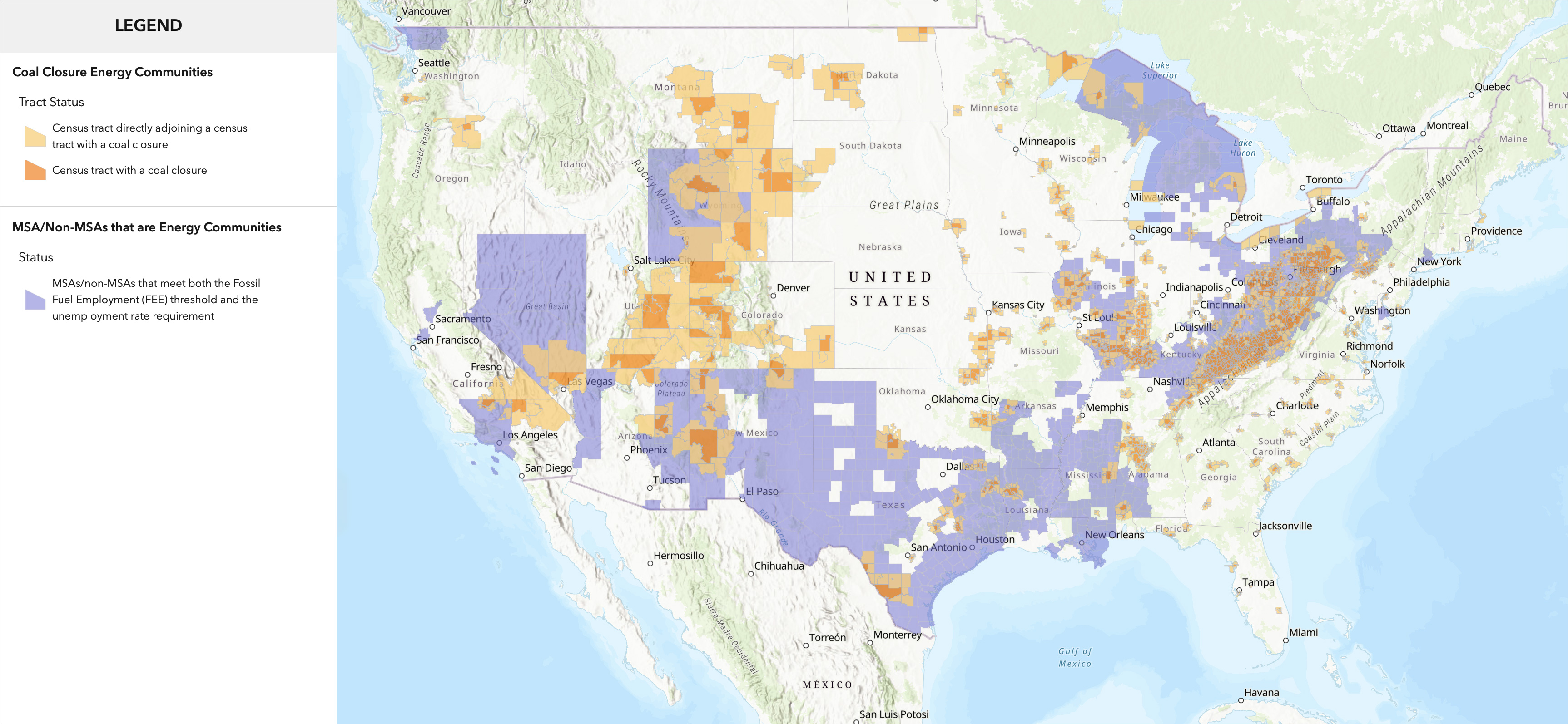 Heatmap of the United States showing IRA Energy Community Tax Credit Bonus